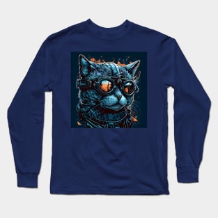 Blue steampunk cat drawn Long Sleeve T-Shirt